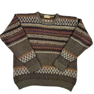 Vintage St Johns Bay XL Fair Isle Wool Blend Sweater Brown Stripe Streetwear 90s